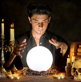 Secret Knowledge Wizard with a crystal ball, some old books and candles, and other mystical stuff