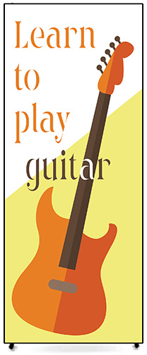 Very tall banner made with a vector illustration of a guitar, with text, "Learn to play guitar". The vector illustration holds its detail even at large size.