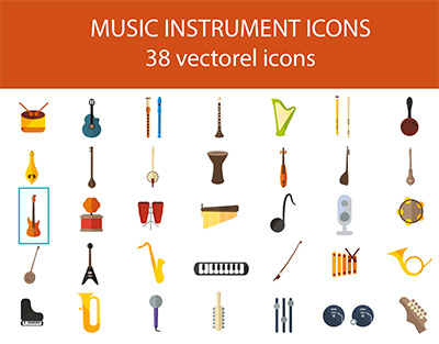 Stock collection of vector musical instrument icons.